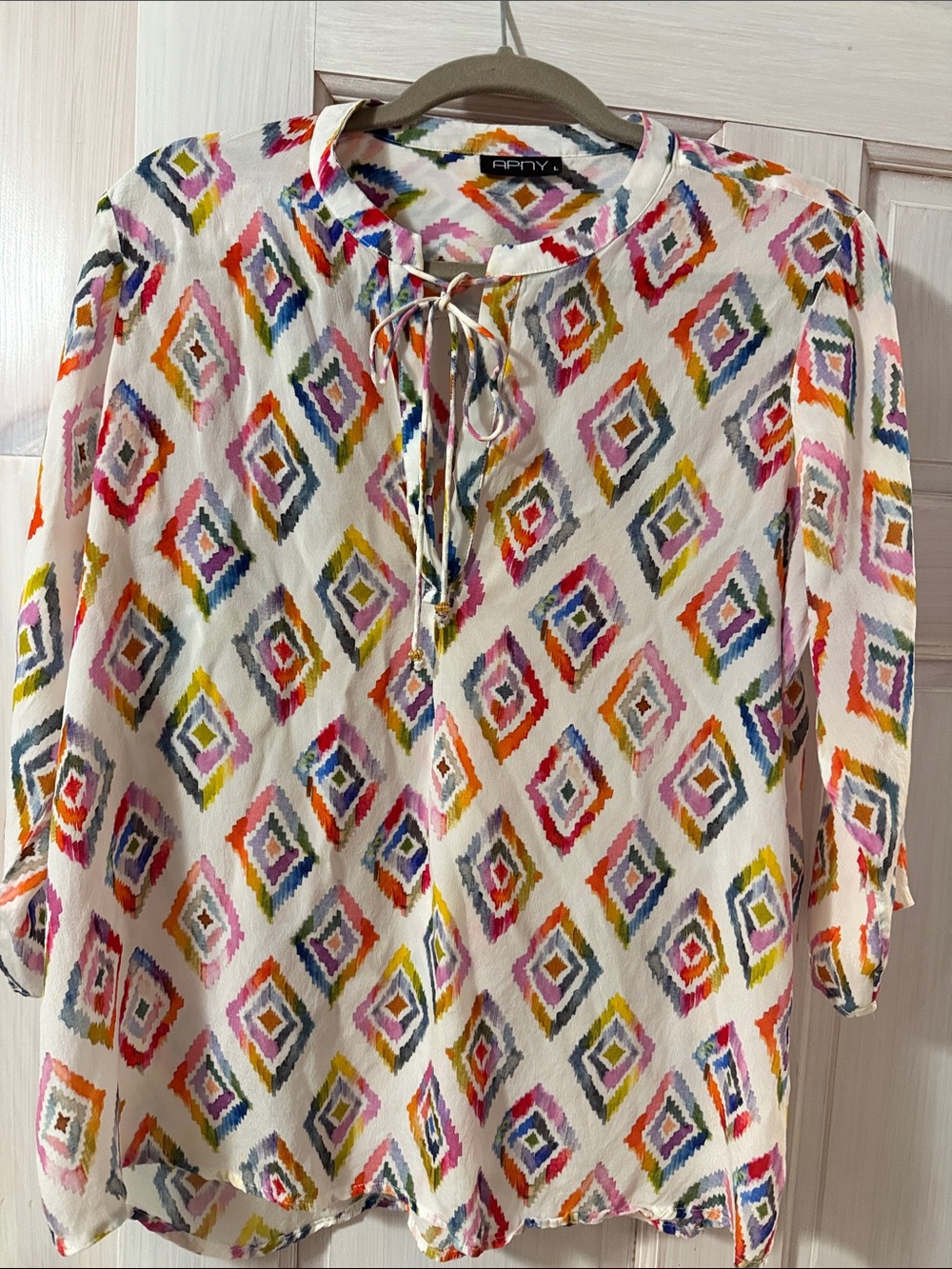 Poppy Multicolor Diamond-Print Tie-Neck Blouse - White